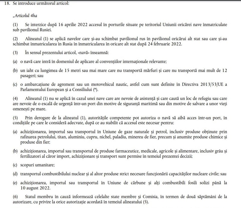 Extras din Decizia Consiliului din 8 aprilie privind măsuri restrictive împotriva Rusiei, după invadarea Ucrainei.