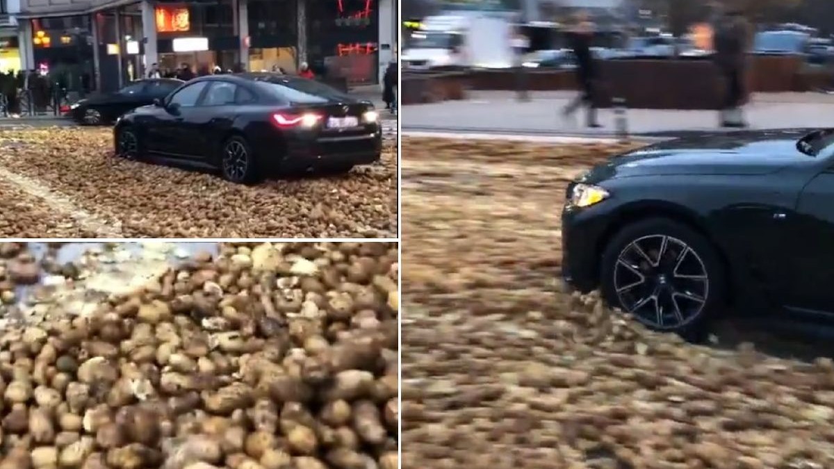 Un BMW negru este blocat într-o grămadă de cartofi pe o stradă din oraș. Un colaj foto arată mașina înconjurată de cartofi .
