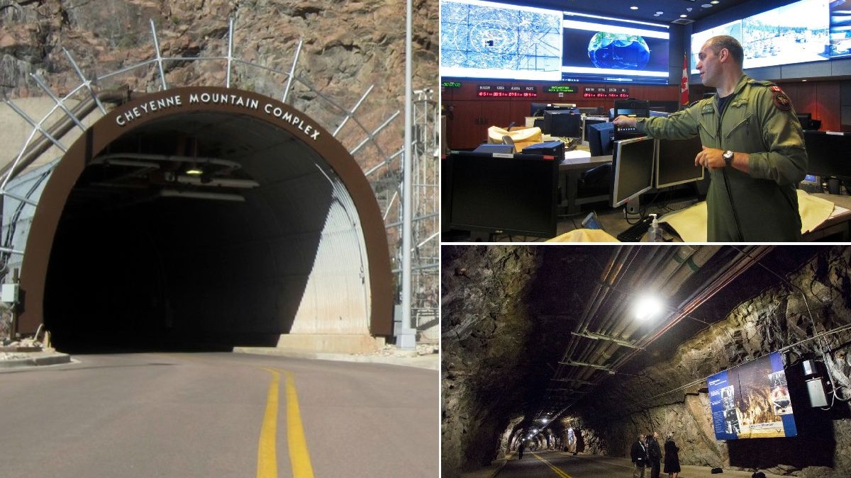 Colaj din trei fotografii care arată intrarea în buncărul din Colorado, oameni care de pe un panou în timp ce vizitează tunelul și un colonel care vorbește în centrul de comană