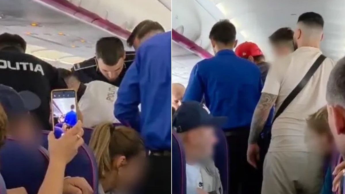 Colaj foto cu două fotografii în care apar pasagerii avionului WizzAir și doi polițiști care îl încătușează pe un pasager recalcitrant