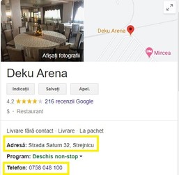 Deku Arena, firma fiului primarului Drăgan, are aceeași adresă și același număr de telefon cu societatea care a câștigat contractul pentru serviciile de catering