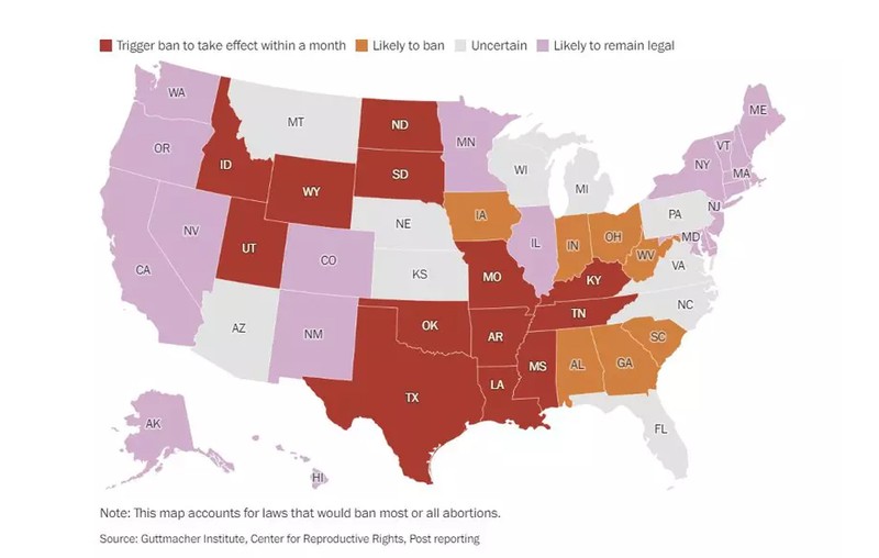 Harta statelor americane care: (roșu) ar interzice majoritatea sau toate avorturile, (galben) cel mai probabil vor interzice avortul, (gri) care nu sunt decise cu privire la asta, (mov) care vor proteja dreptul la avort Foto Washingtonpost
