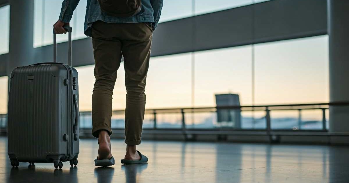 O persoană în papuci cară bagajul într-un aeroport