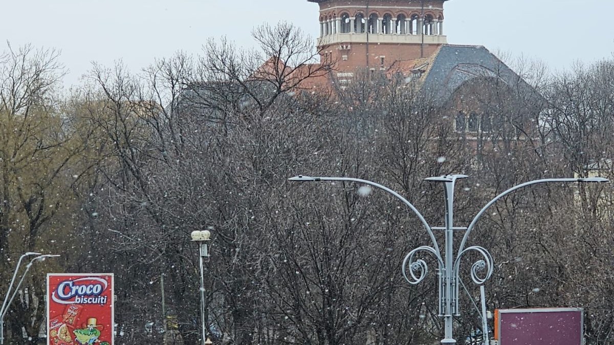 Ninge în București, mai mulți fulgi de zăpadă se văd pe geam și un cer noros