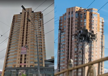 Blocul de pe Ulița Lobanovscoho 6, Kiev, înainte de bombardament (stânga) și după | Surse foto: Google Street View și Gorlushko Valdemar / UNIAN