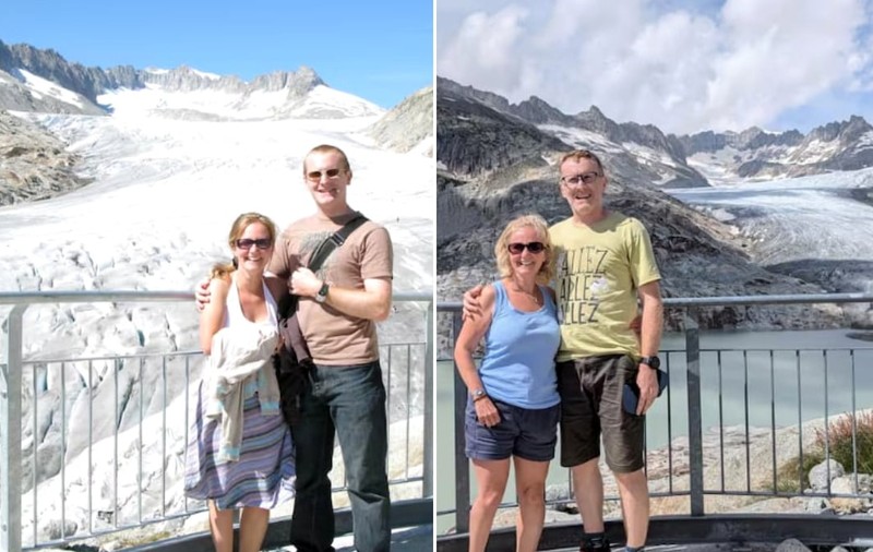 Doi turiști britanici au refăcut o fotografie după 15 ani, în Elveția: „Am început să plângem. Unde a dispărut ghețarul?”