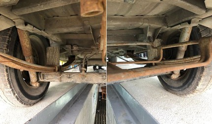 Proprietarul mașinii a montat buturugi în sistemul de suspensie al mașinii. Sursa foto: Facebook / Registrul Auto Român.