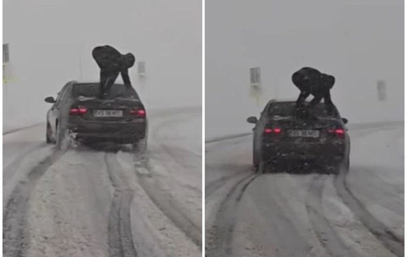 Imagini virale din Vaslui: un șofer fără cauciucuri de iarnă și-a urcat un prieten pe mașină, pentru „aderență”. Reacția Poliției - VIDEO