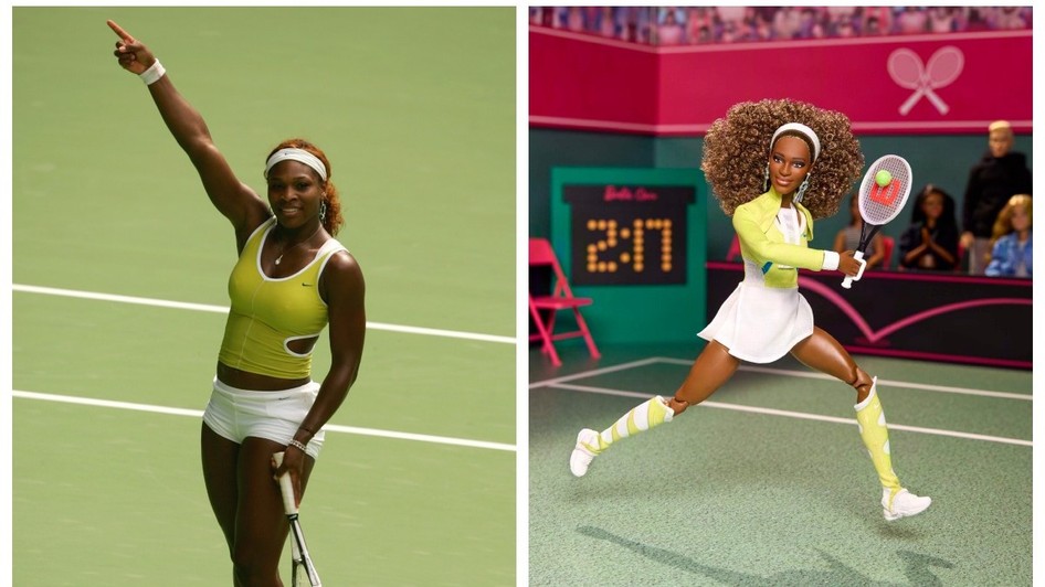 Serena Williams are papusa Barbie  care a fost inspirată de ținuta ei de la Australian Open 2005. Un colaj de 2 fotografii: stânga Serena în 2005, dreapta - păpușa Barbie