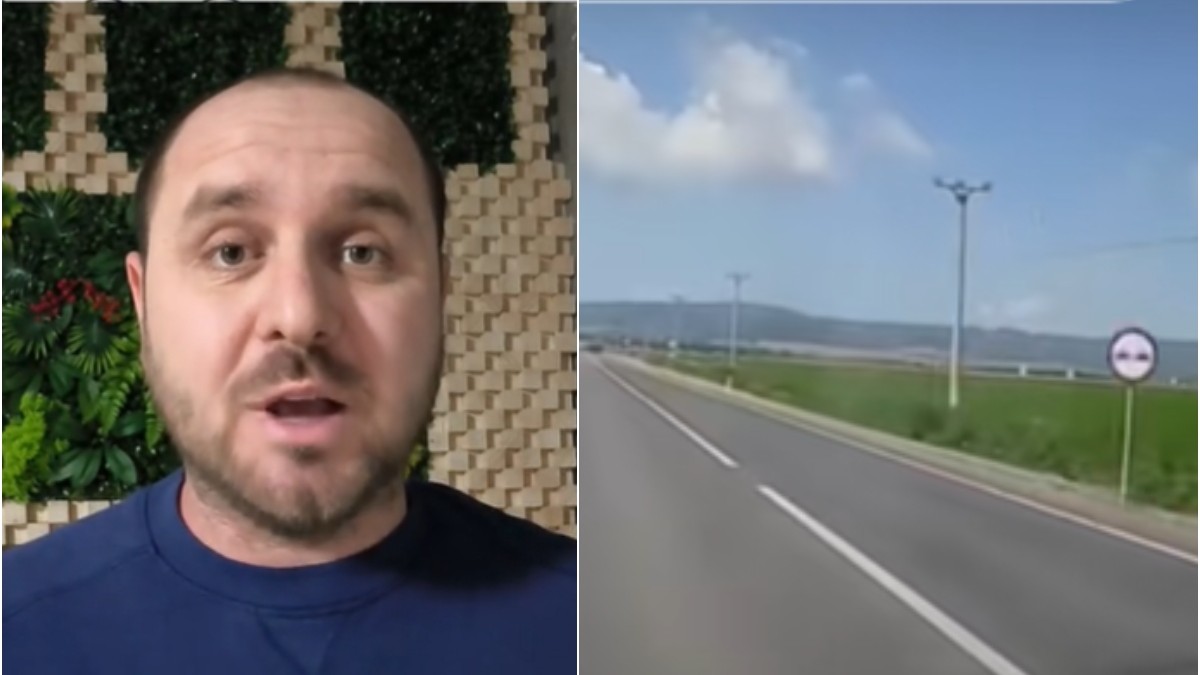 colaj foto cu politistul taci pertea imbracat cu o bluza albastra, in stanga o fotografie cu un drum cu linie continua si un indicator rutier care arata depasirea interzisa