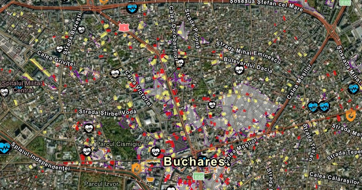Harta cu zonele cu risc seismic din București. Sursă: captură INFP