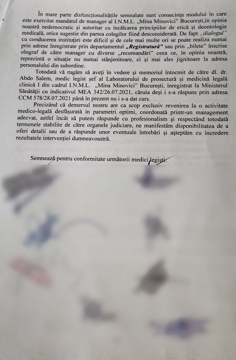 Mai mulți medici INML i-au trimis un memoriu ministrului sănătăţii în care explică modul defectuos de funcționare al „Mina Minovici”