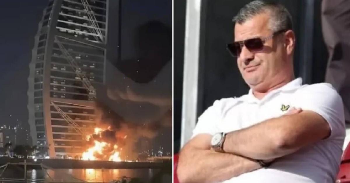 O clădire din Dubai în flăcări, stânga și Nelu Varga în dreapta