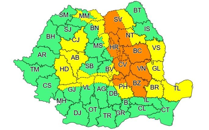 Zonele vizate de cod portocaliu până la ora 19.00