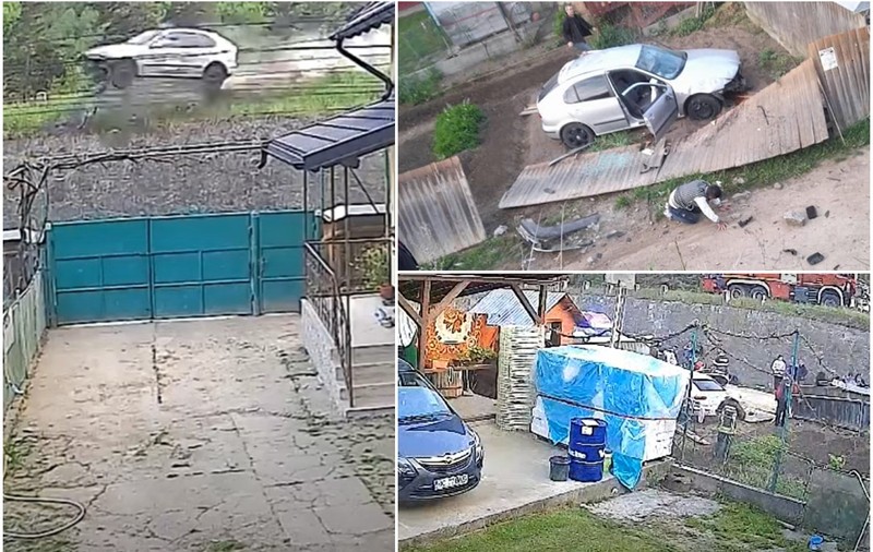 Mașină filmată când decolează de pe un pod, în Bacău, și aterizează în curtea unei case