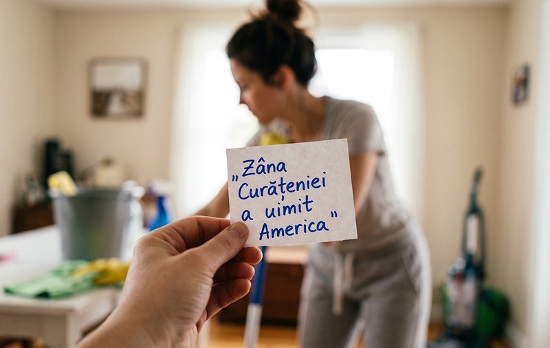 O femeie curăță o casă iar pe un bilețel scrie  „Zâna Curățeniei a uimit America” 