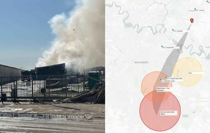 Cele mai afectate zone de aerul toxic din București. Cum s-a deplasat norul de fum de la Dragonul Roșu