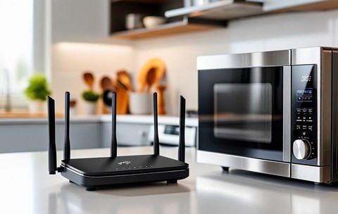 Imagine cu un router aşezat aproape de un cuptor cu microunde pe un blat de bucătărie
