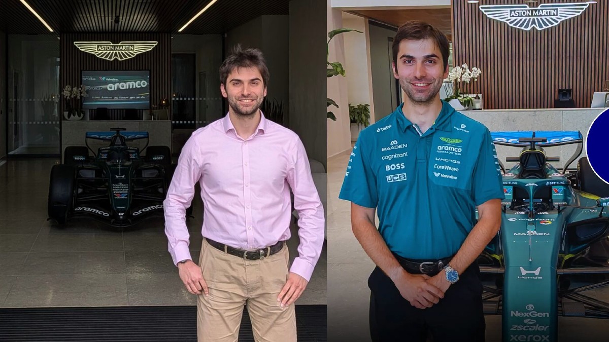 Colaj Andrei IOrdan în fața unei mașini de F1 Aston Martin imbracat in camasa roz si pantaloni bej// imbracat in tricou turcoaz de F1 si pantaloni negri