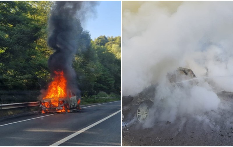 O mașină a ars ca o torță pe DN6, în Caraş-Severin. Şoferul a încercat să stingă singur incendiul şi a suferit arsuri