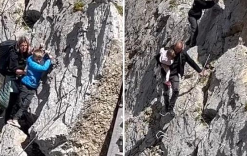Tată filmat cu bebelușul în brațe, în adidași și fără echipament de siguranță, pe un traseu periculos din Dolomiți, în Italia. Val de indignare pe net | VIDEO