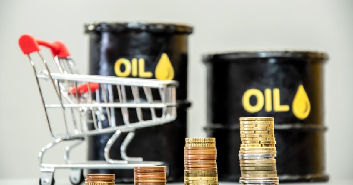 Stive de monede în creștere pe un fundal de butoaie de petrol și un coș de cumpărături. Prețurile produselor alimentare depind de prețul petrolului de pe piață. Prețul în creștere al barilului de petrol. Războiul din Iran
