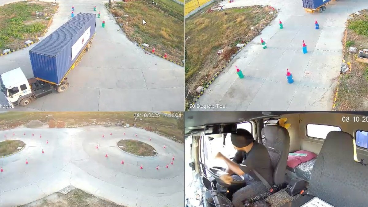 Colaj: Un șofer de camion îmbrăcat în negru da o probă pe un traseu