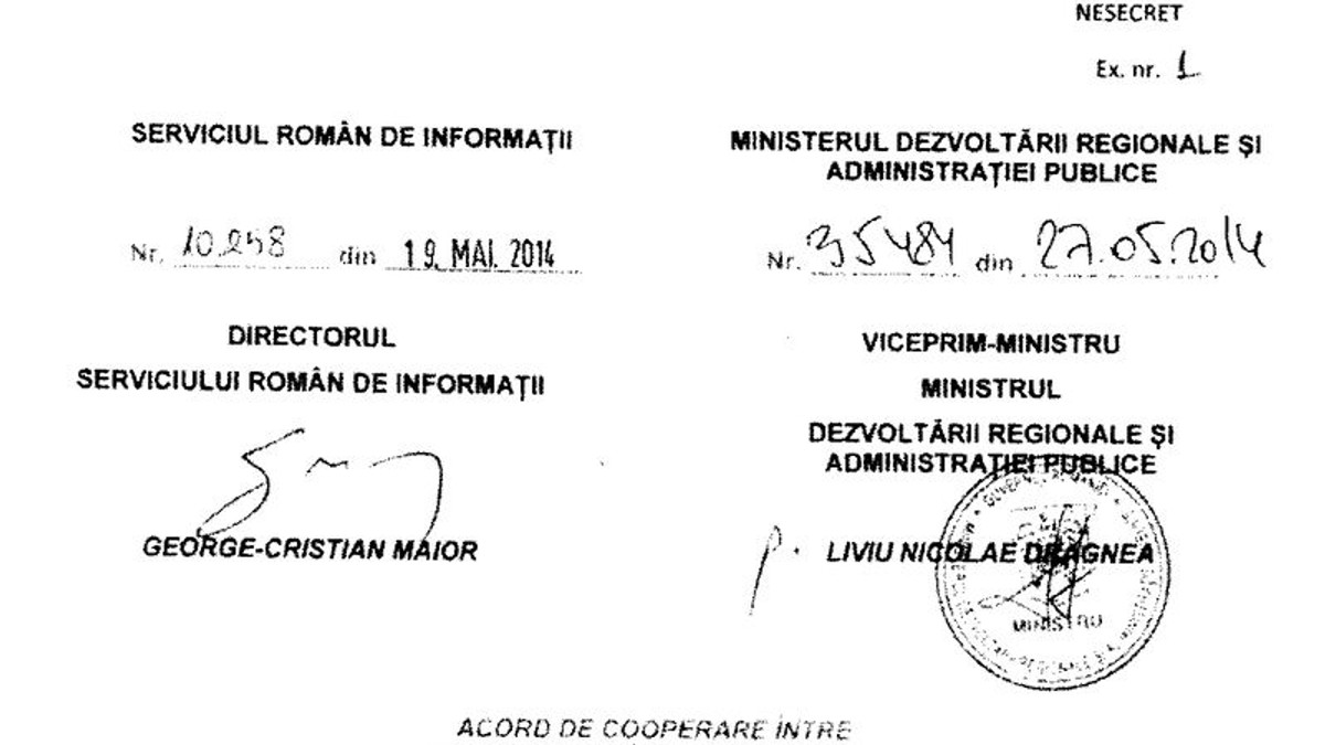 Prima pagina din acordul de cooperare dintre SRI și Ministrul Dezvoltării, semnat de Dragnea