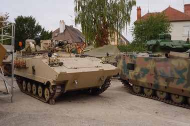 vehicul de luptă blindat cu șenile, folosit cândva de armata franceză, fabricat de Giat Industries (Nexter) Troyes, France - Sept. 2020 - Two variants with different turrets of the AMX-10P, a tracklaying armored fighting vehicle once used by the French Army, manufactured by Giat Industries (Nexter)