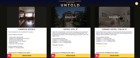 Câteva din opțiunile de cazare de pe pagina Untold