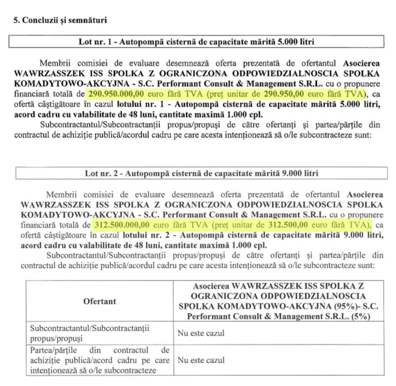 Documentul prin care comisia IGSU a desemnat câștigătorul WISS (Polonia) în cazul ambelor loturi de autopompe-cisterne&nbsp;