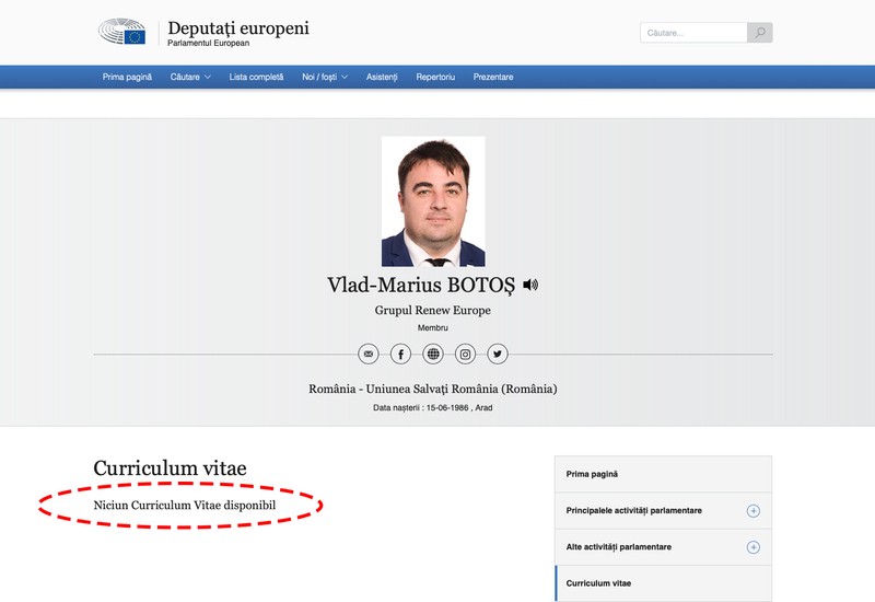 Vlad Botoș nu și-a făcut public CV-ul pe site-ul Parlamentului European