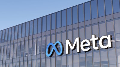 Menlo Park, California, USA. January 9, 2022. Editorial Use Only, 3D CGI. Meta Signage Logo on Top of Glass Building. Metaverse Workplace Technology S