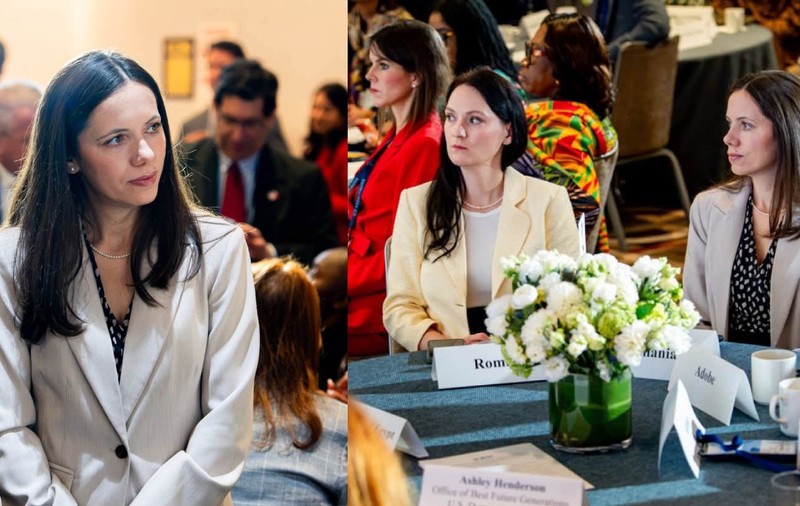  Colaj : Mirabela Gradinaru la New York, cu ocazia adunării ONU 21-septembrie-2026, participă la un eveniment organizat de fundașia Melaniei Trump, este îmbrăctă într-un cosutm de culoare bej