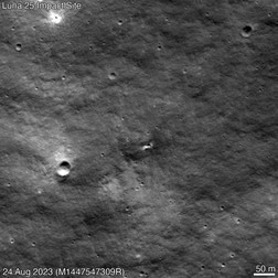 This handout picture taken on August 24, 2023 by the Lunar Reconnaissance Orbiter Camera (LROC) and made available by NASA’s Goddard Space Flight Center/Arizona State University on August 31, 2023 shows a new impact crater on the Moon's surface (center) likely from Russia’s Luna 25 mission. The Luna-25 module has crashed on the Earth's natural satellite after an incident during pre-landing manoeuvres, the Russian space agency Roscosmos said on August 20, 2023.,Image: 801974073, License: Rights-managed, Restrictions: RESTRICTED TO EDITORIAL USE - MANDATORY CREDIT "AFP PHOTO / NASA’s Goddard Space Flight Center/Arizona State University " - NO MARKETING NO ADVERTISING CAMPAIGNS - DISTRIBUTED AS A SERVICE TO CLIENTS, *** HANDOUT image or SOCIAL MEDIA IMAGE or FILMSTILL for EDITORIAL USE ONLY! * Please note: Fees charged by Profimedia are for the Profimedia's services only, and do not, nor are they intended to, convey to the user any ownership of Copyright or License in the material. Profimedia does not claim any ownership including but not limited to Copyright or License in the attached material. By publishing this material you (the user) expressly agree to indemnify and to hold Profimedia and its directors, shareholders and employees harmless from any loss, claims, damages, demands, expenses (including legal fees), or any causes of action or allegation against Profimedia arising out of or connected in any way with publication of the material. Profimedia does not claim any copyright or license in the attached materials. Any downloading fees charged by Profimedia are for Profimedia's services only. * Handling Fee Only ***, Model Release: no