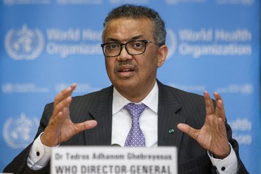 epa08363670 (FILE) - WHO Director General Tedros Adhanom Ghebreyesus speaks during a presser on the novel coronavirus disease COVID-19 at the World Health Organization (WHO) headquarters in Geneva, Switzerland, 09 March 2020 (reissued 15 April 2020). On 14 April, US President Trump announced that he has instructed his administration to halt funding to the WHO. EPA-EFE/SALVATORE DI NOLFI