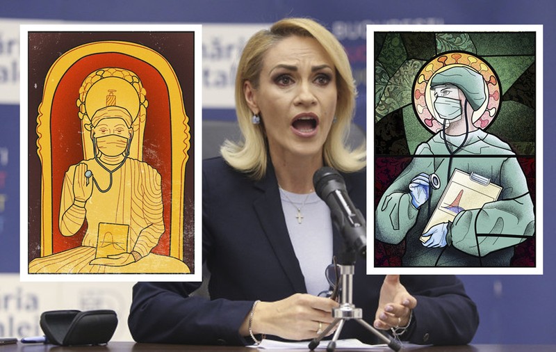 Desenele satanice. Firea și BOR au cerut să fie eliminată arta care ”lezează credința” și au dispărut panourile cu ”medicii sfinți”, dar au rămas ”medicii Buddha”
