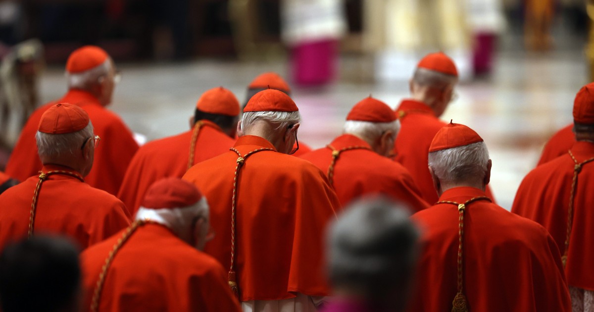 În imagine sunt ilustrați mai mulți cardinali în costume roșii
