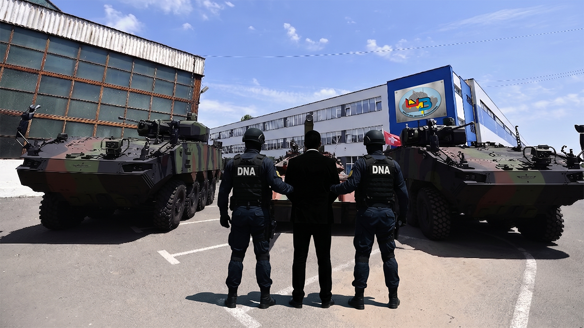 Un colaj cu o uzina de armament in fundal, tancuri si siluetele a trei barbati in fata