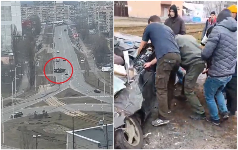 Imagini dramatice în Kiev: Un blindat rusesc trece peste o mașină. Bărbatul ar fi fost salvat apoi de trecători