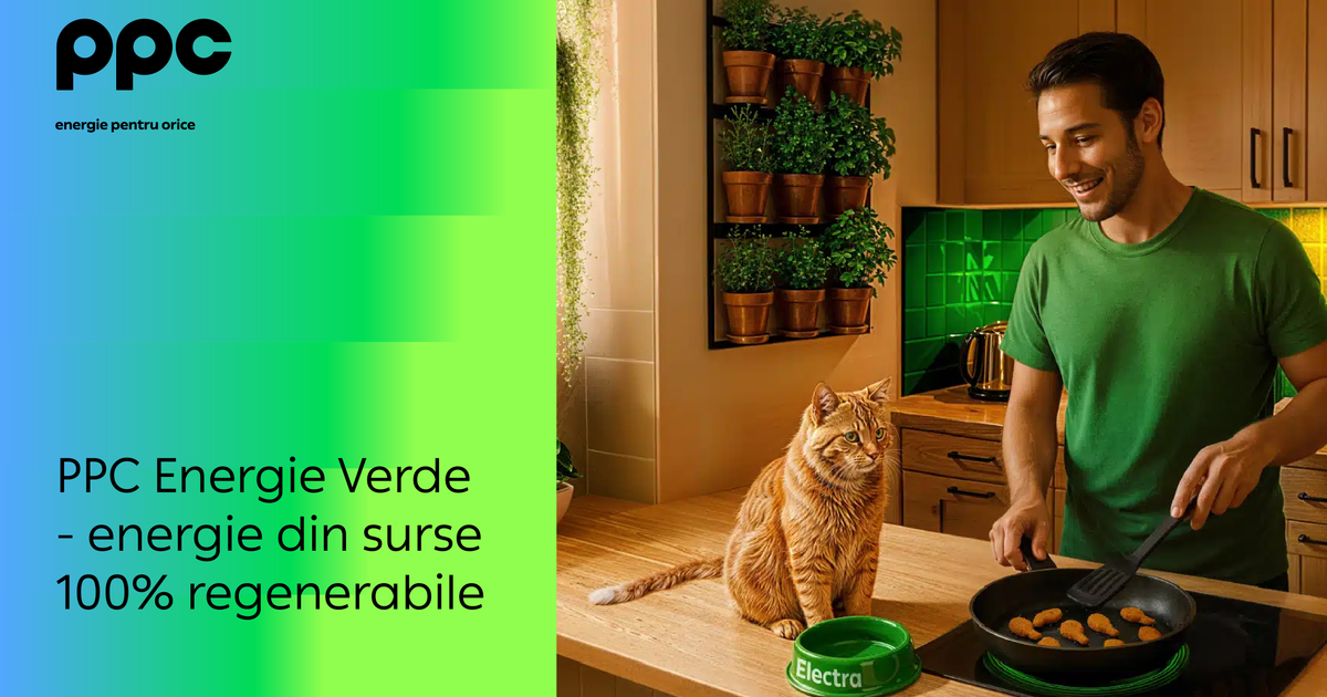 PPC - vizual PPc cu o imagine cu un barbat brunet imbracat in tricou verde facand mancare in tigaie si pisica lui stand pe blat langa