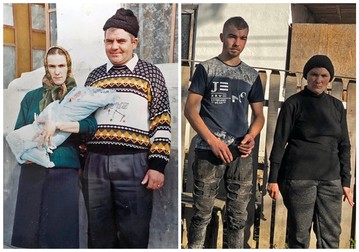 Stânga: Imagine de acum 22 de ani, cu Marius în brațele mamei sale, Mariana, și Ioan Mita. Dreapta: Marius și mama sa, acum.