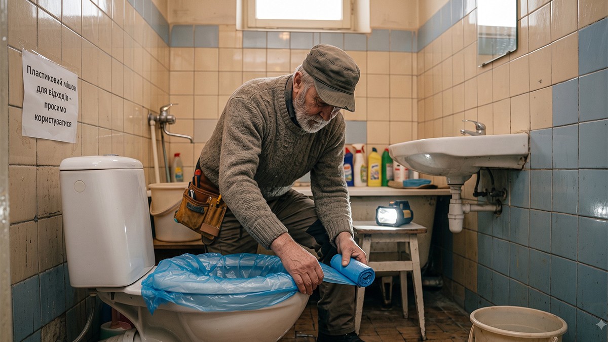 Un bărbat așează o pungă pe o toaletă.