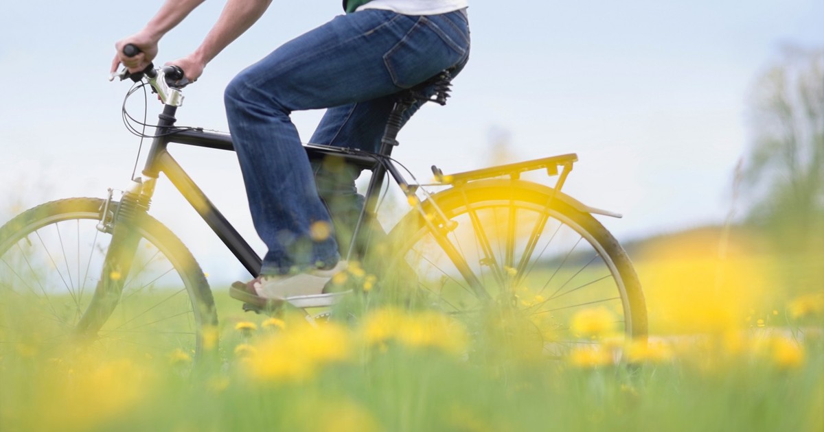 Imagine cu un bărbat pe bicicletă, pe un câmp