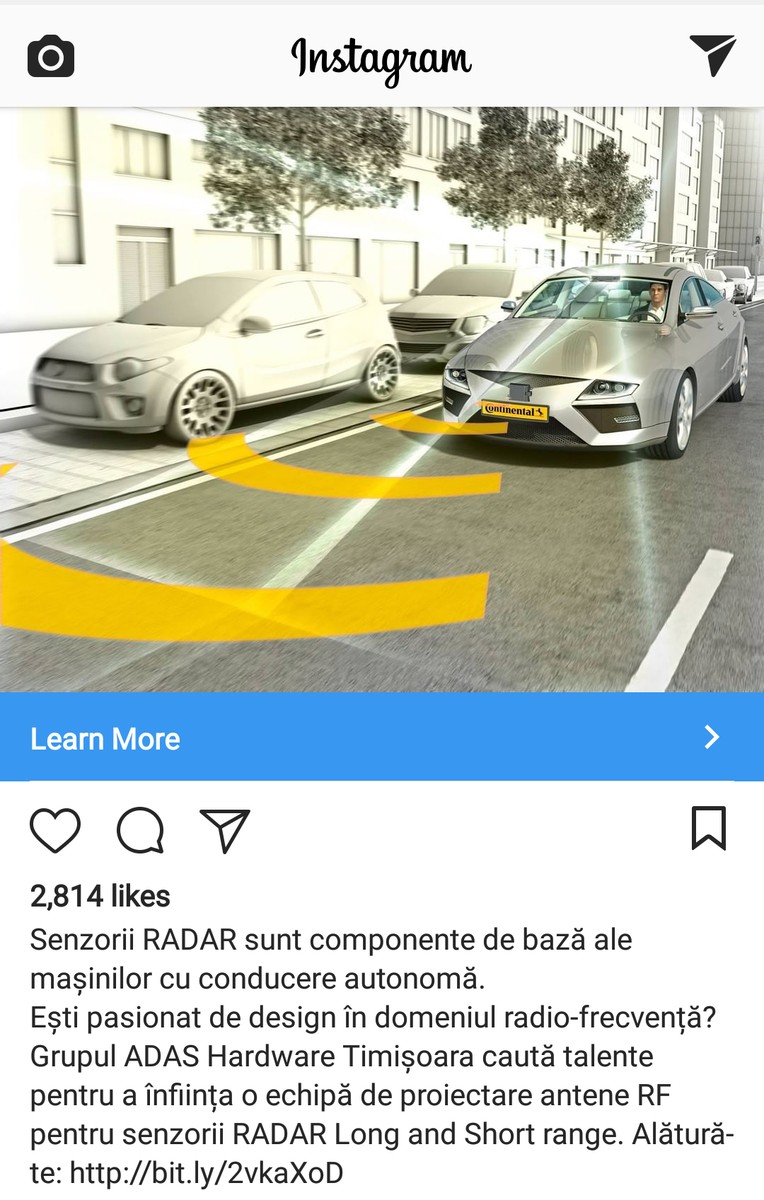 Continental caută ingineri care să lucreze la sisteme autonome de condus la Timișoara. Anunț de pe Instagram