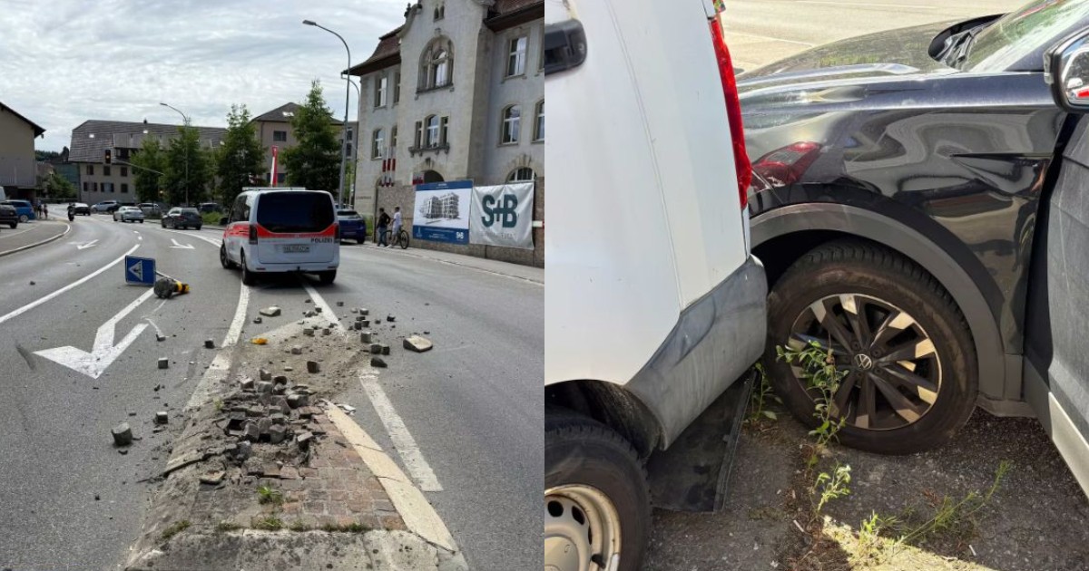 Un colaj format din două mașini, implicate în două accidente rutiere. În prima imagine este o mașina care a lovit bordura și a distrus un acostament, iar în cealaltă imagine este o mașină neagră care a lovit o dubiță albă