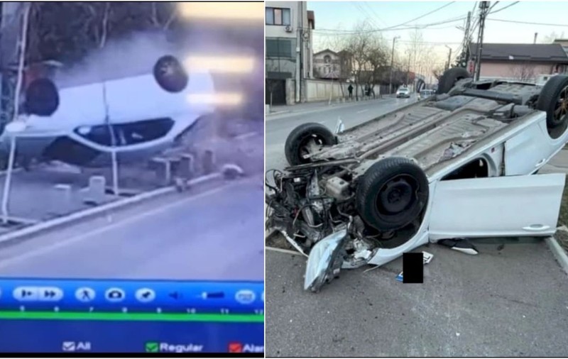 Momentul în care o mașină scăpată de sub control spulberă doi oameni pe trotuar, dărâmă stâlpișorii și se răstoarnă, în Chiajna