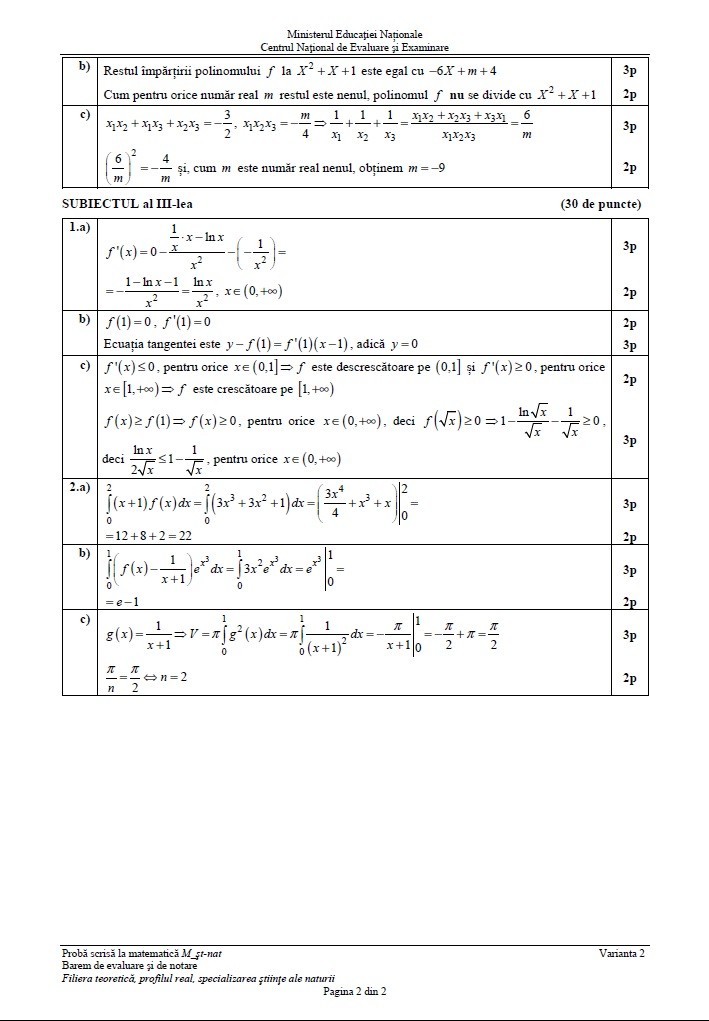 Barem matematică BAC 2018