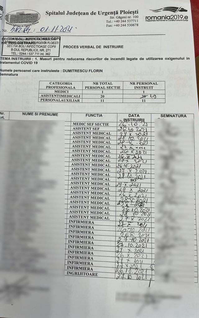 Procesul verbal de instruire a personalului privind funcționarea aparatelor