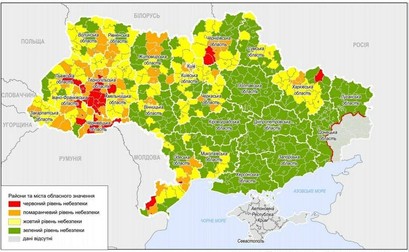 Cum arată harta epidemiologică a Ucrainei din 14 septembrie: cele mai multe zone roșii sunt aproape de granița cu România. Sursă: Oleh Nemcinov / Telegram via hromadske.ua